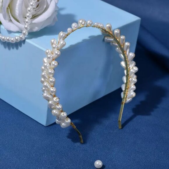 NEW Romantic Victorian Pearl Studded Golden Headband Bridal Formal main image 4